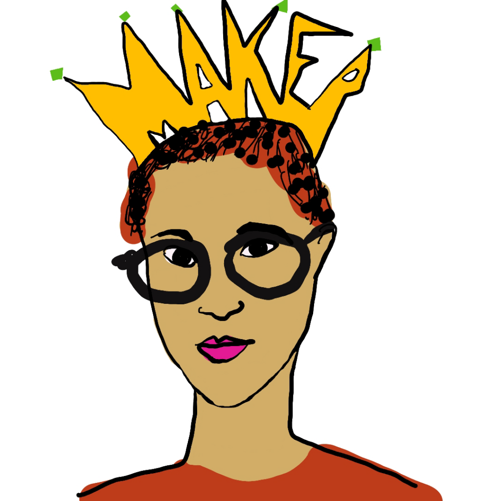 An illustration of a woman wearing glasses. On top of her head, there is a crown that spell out the word 'Maker'